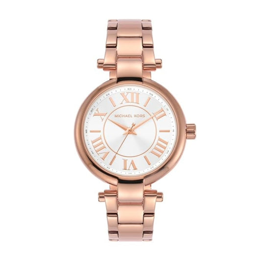 Rose gold watch with white dial on a white background