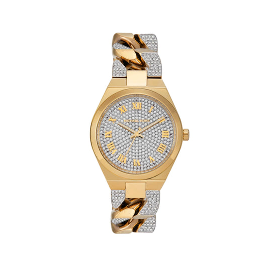 Gold and silver watch with a detailed face on a white background