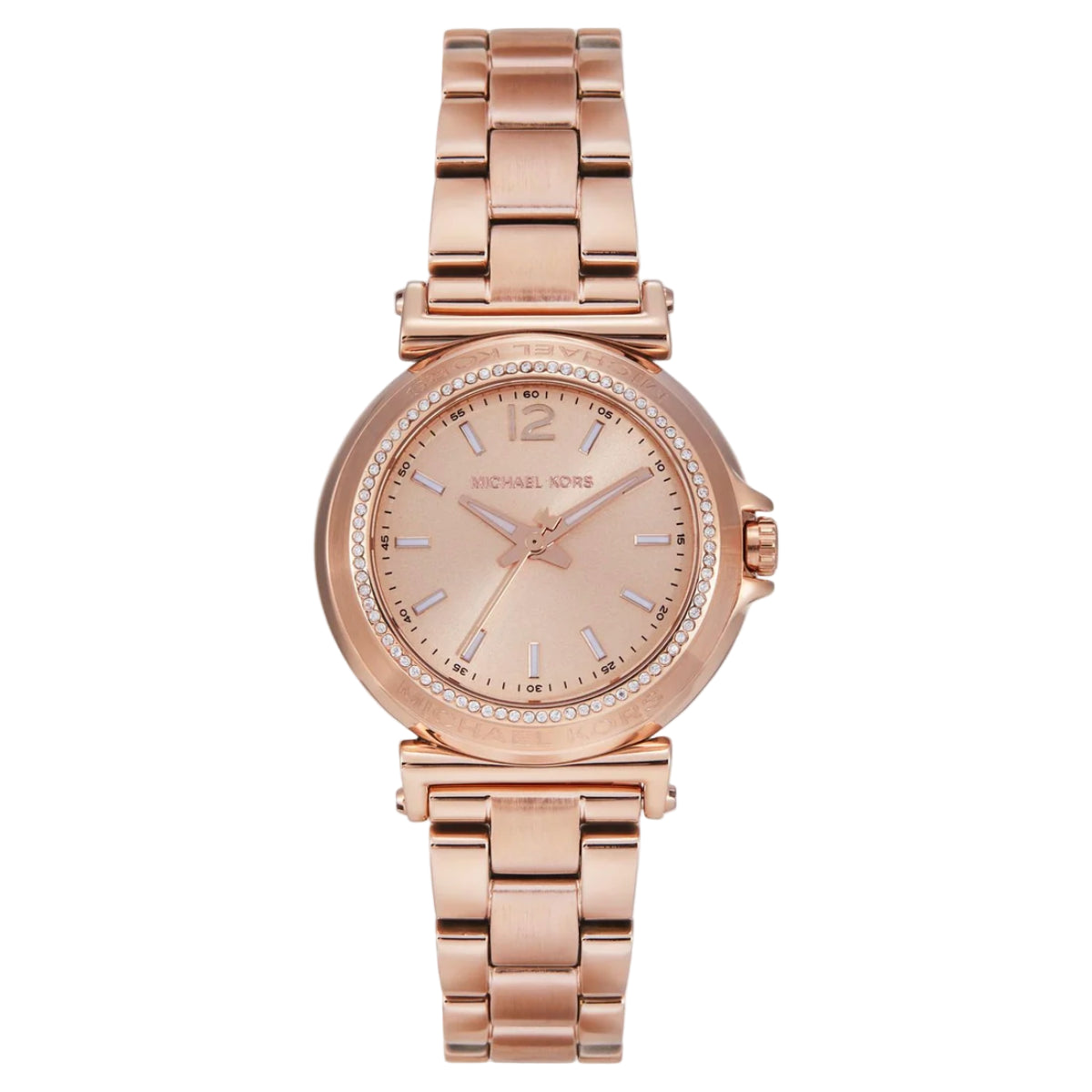 Rose gold watch with a white background