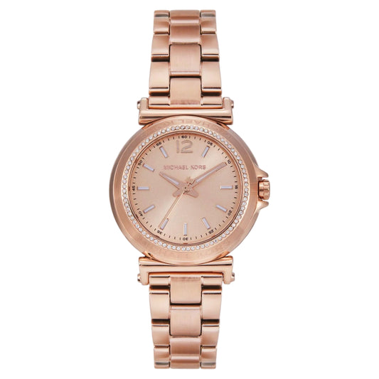 Rose gold watch with a white background
