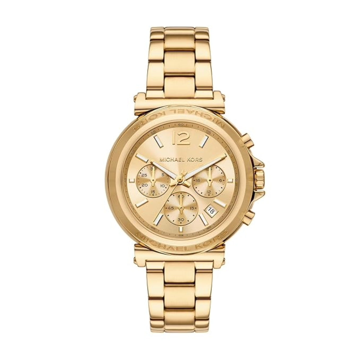 Gold watch with a detailed face on a white background