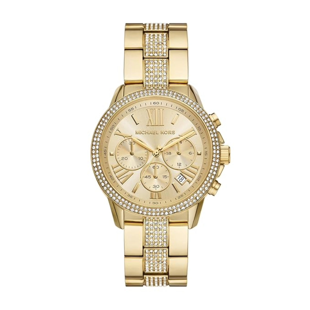 Gold watch with detailed face and bracelet on a white background