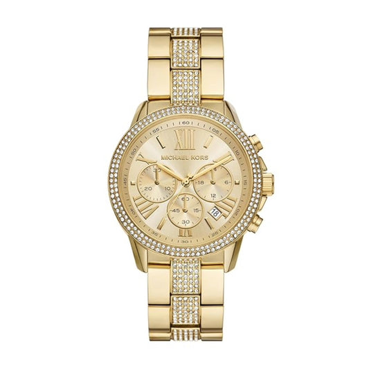 Gold watch with detailed face and bracelet on a white background