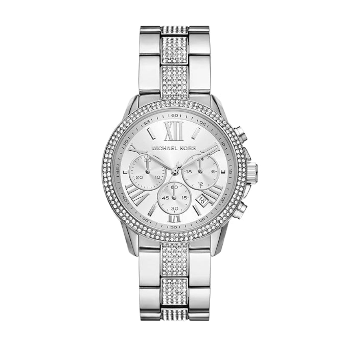 Silver Michael Kors watch with detailed face on a white background