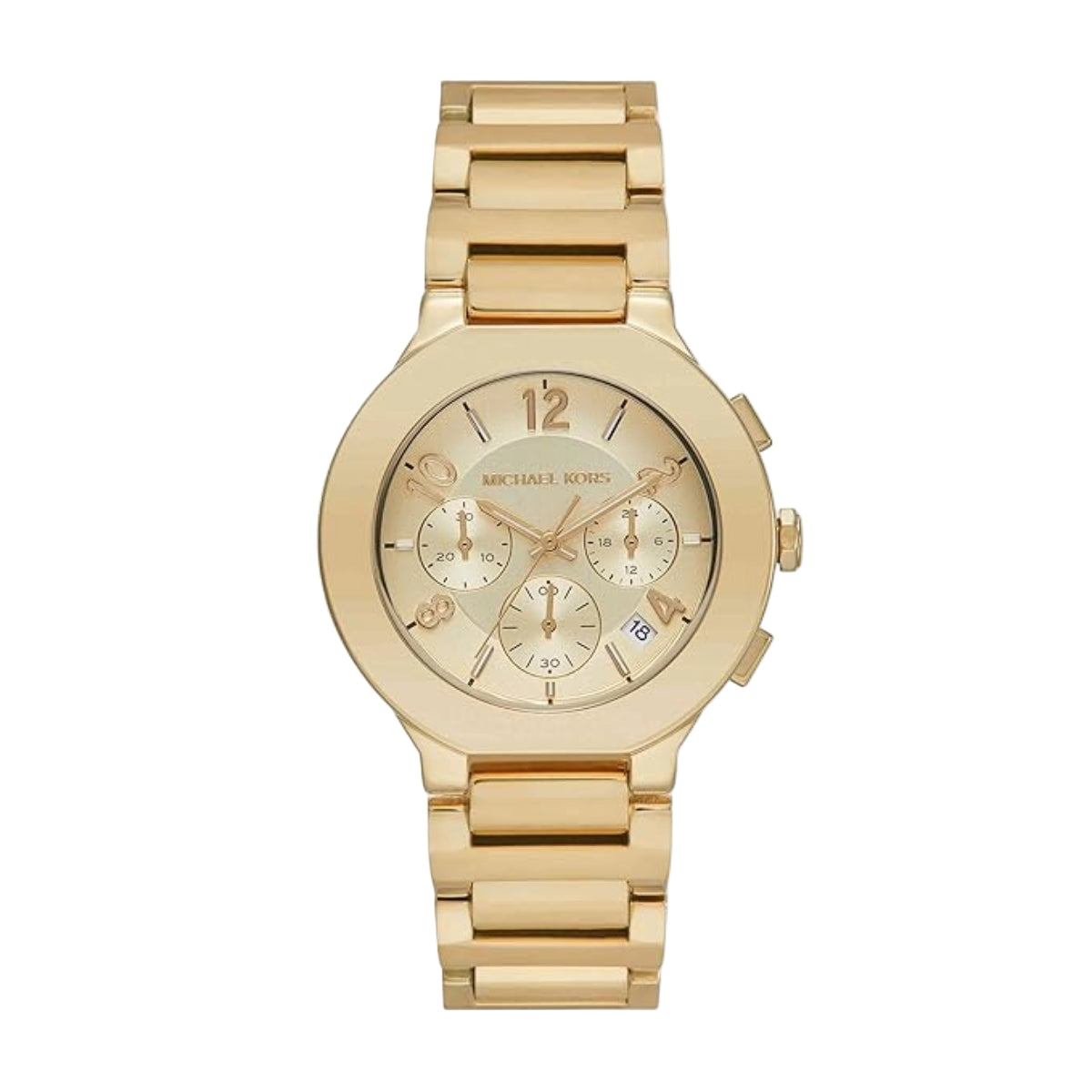 Gold watch with a detailed face on a white background