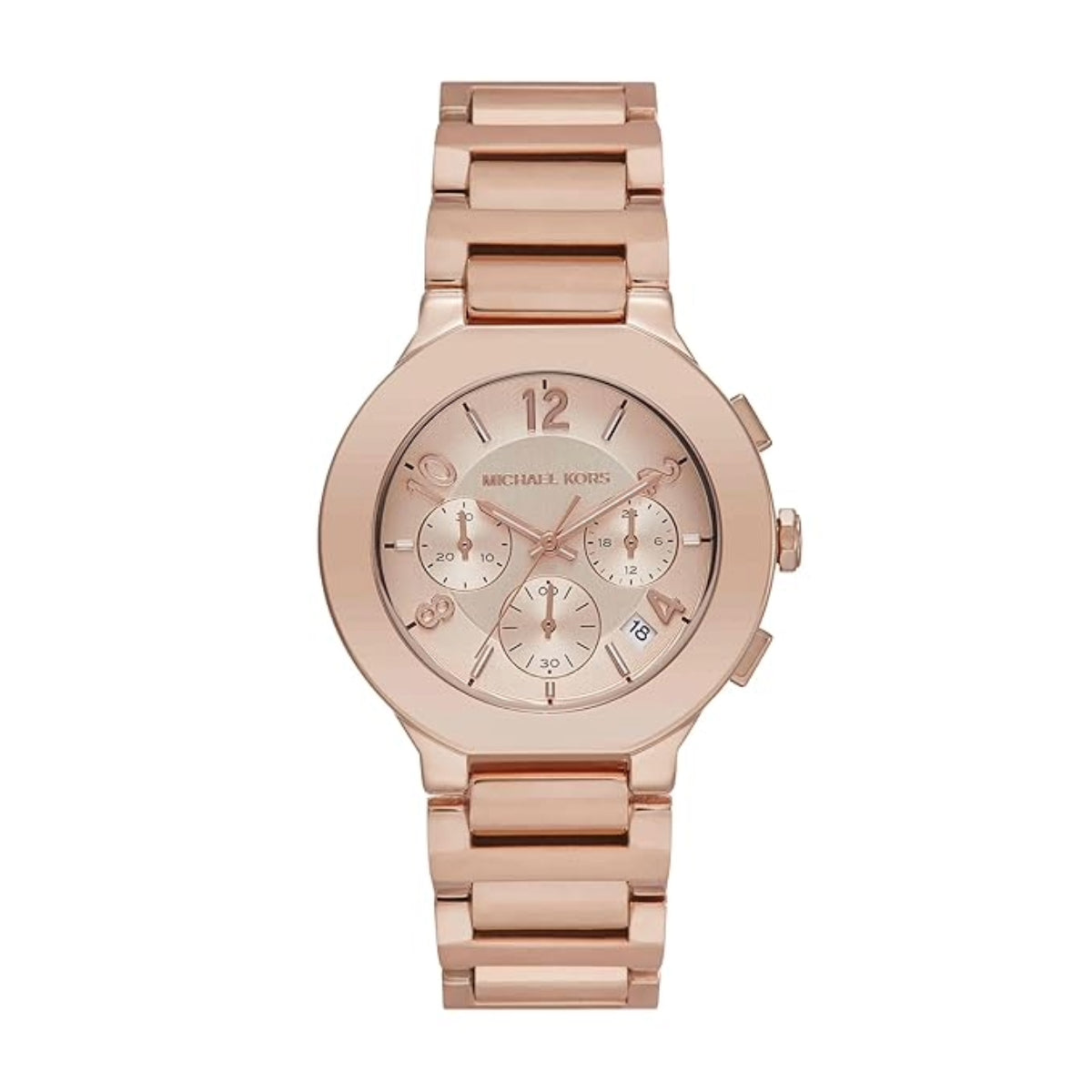 Rose gold watch with a detailed face on a white background