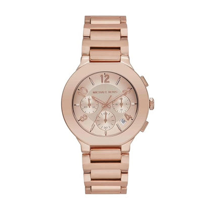 Rose gold watch with a detailed face on a white background