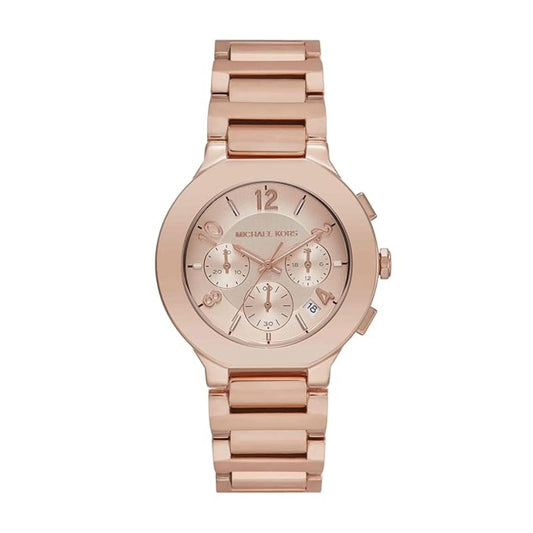 Rose gold watch with a detailed face on a white background