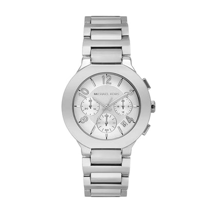 Silver watch with a detailed face on a white background