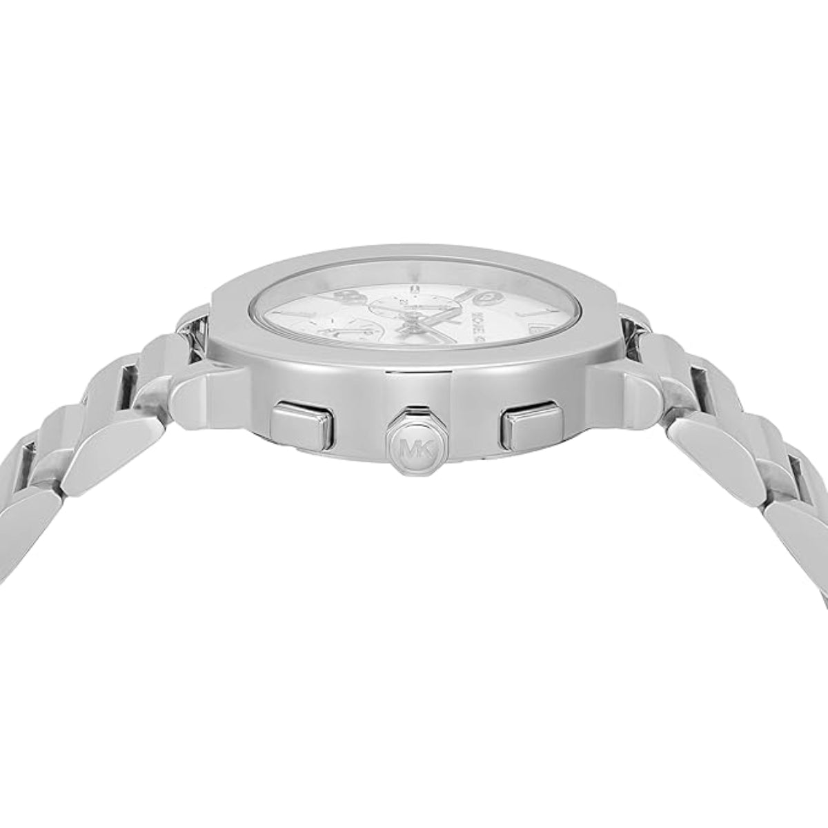 Silver watch with a white face on a white background