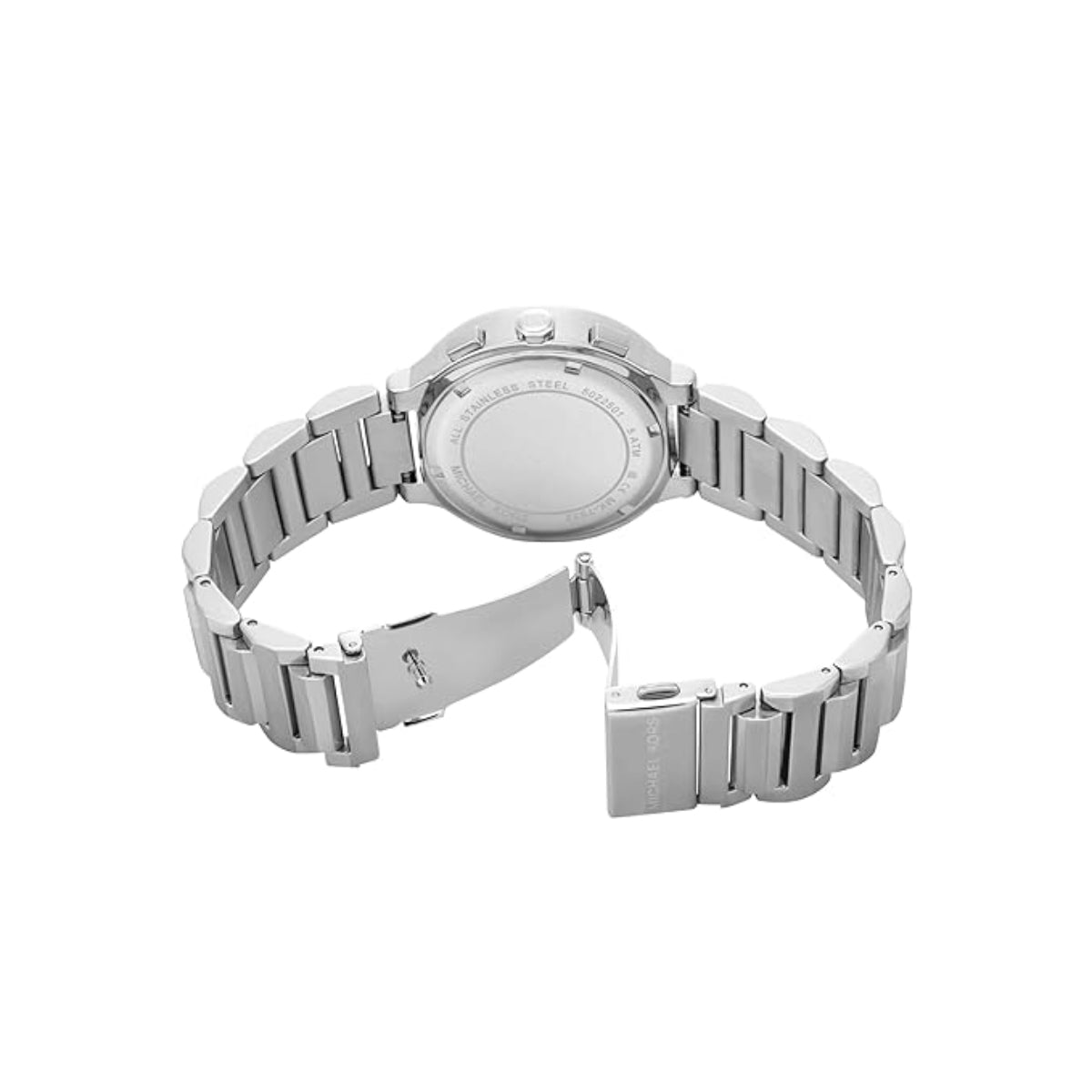 Silver watch with metal band on a white background