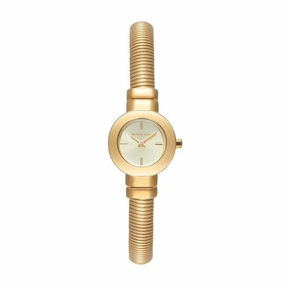 Gold watch with a white face on a white background