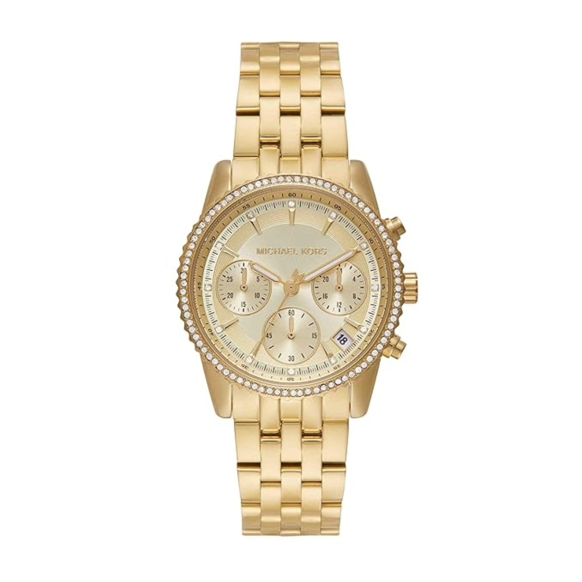 Gold watch with a detailed face on a white background