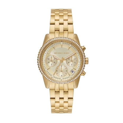 Gold watch with a detailed face on a white background