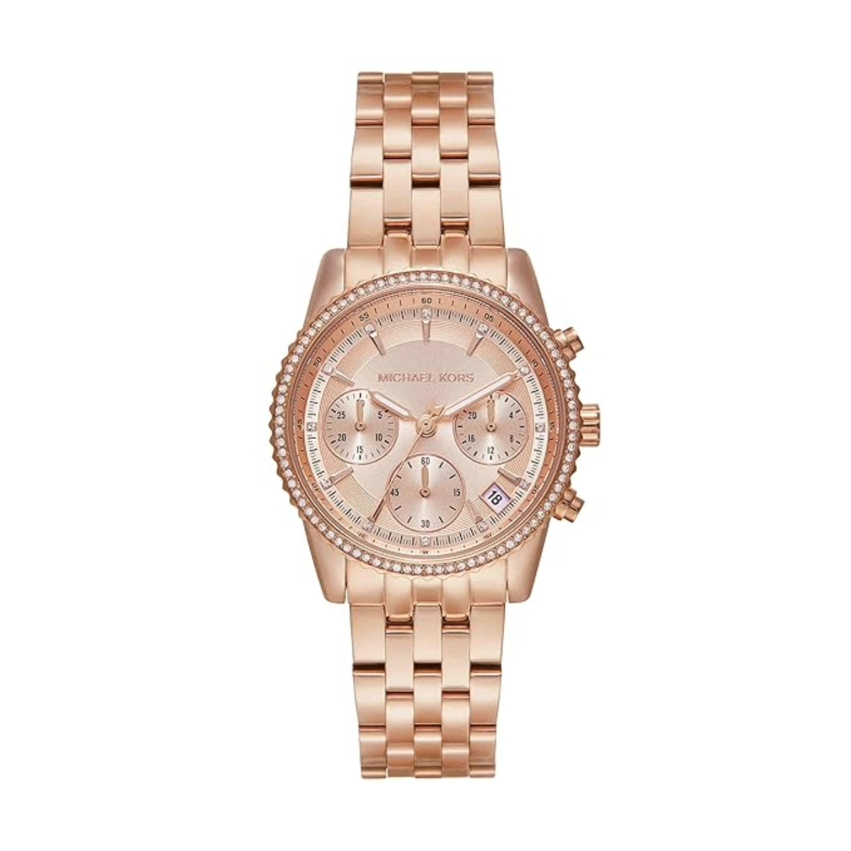 Rose gold watch with detailed face on a white background