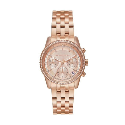 Rose gold watch with detailed face on a white background