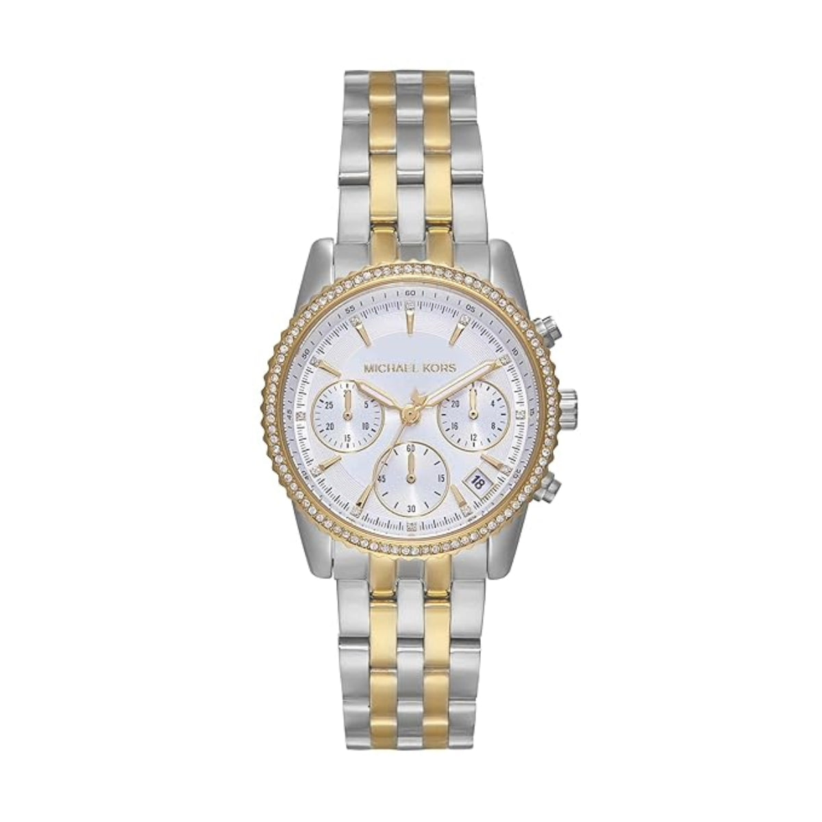 Two-tone watch with silver and gold band on a white background