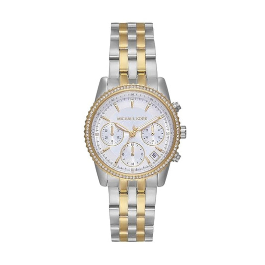 Two-tone watch with silver and gold band on a white background