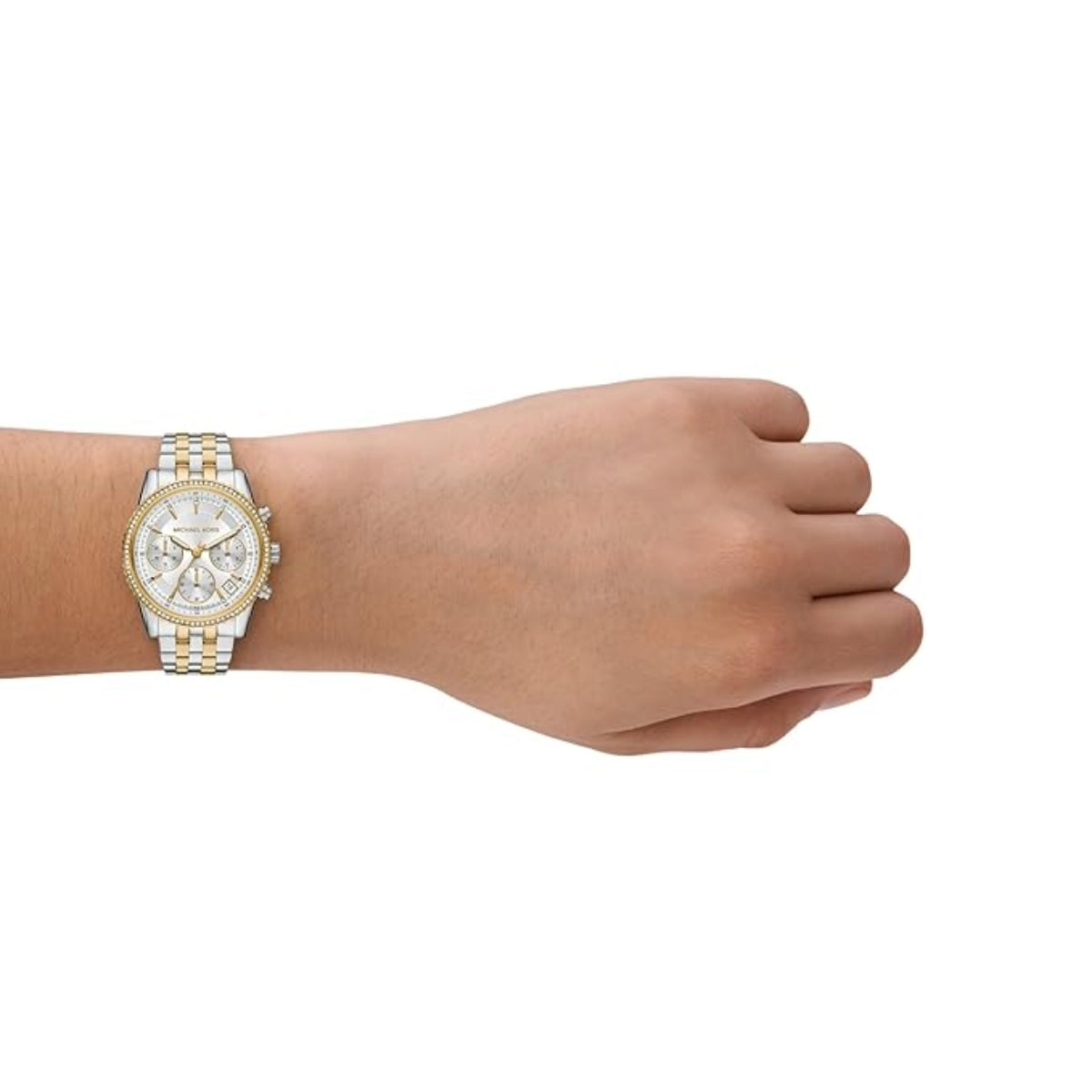 Gold watch on a wrist against a white background