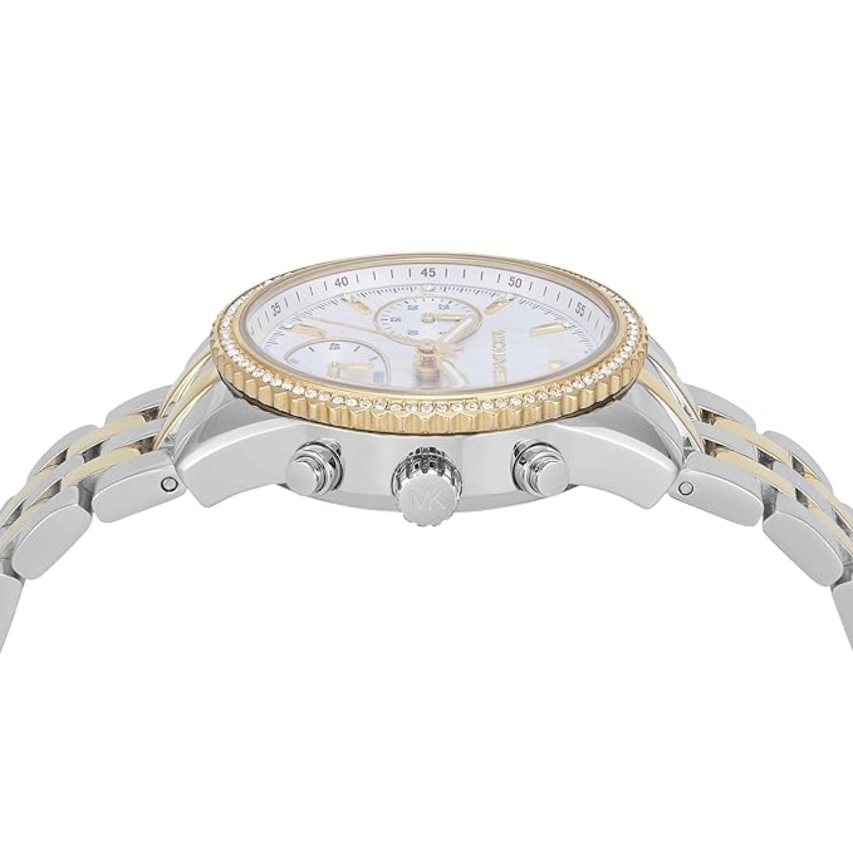 Two-tone watch with silver and gold band on a white background