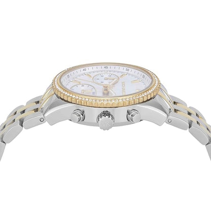 Two-tone watch with silver and gold band on a white background