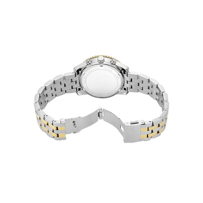 Two-tone watch with silver and gold band on a white background