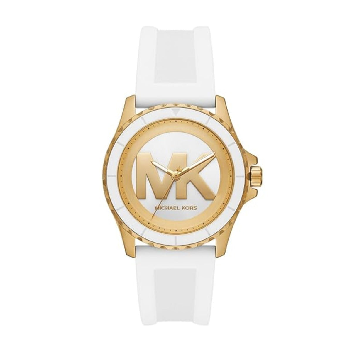 Gold watch with white strap featuring Michael Kors logo on a white background