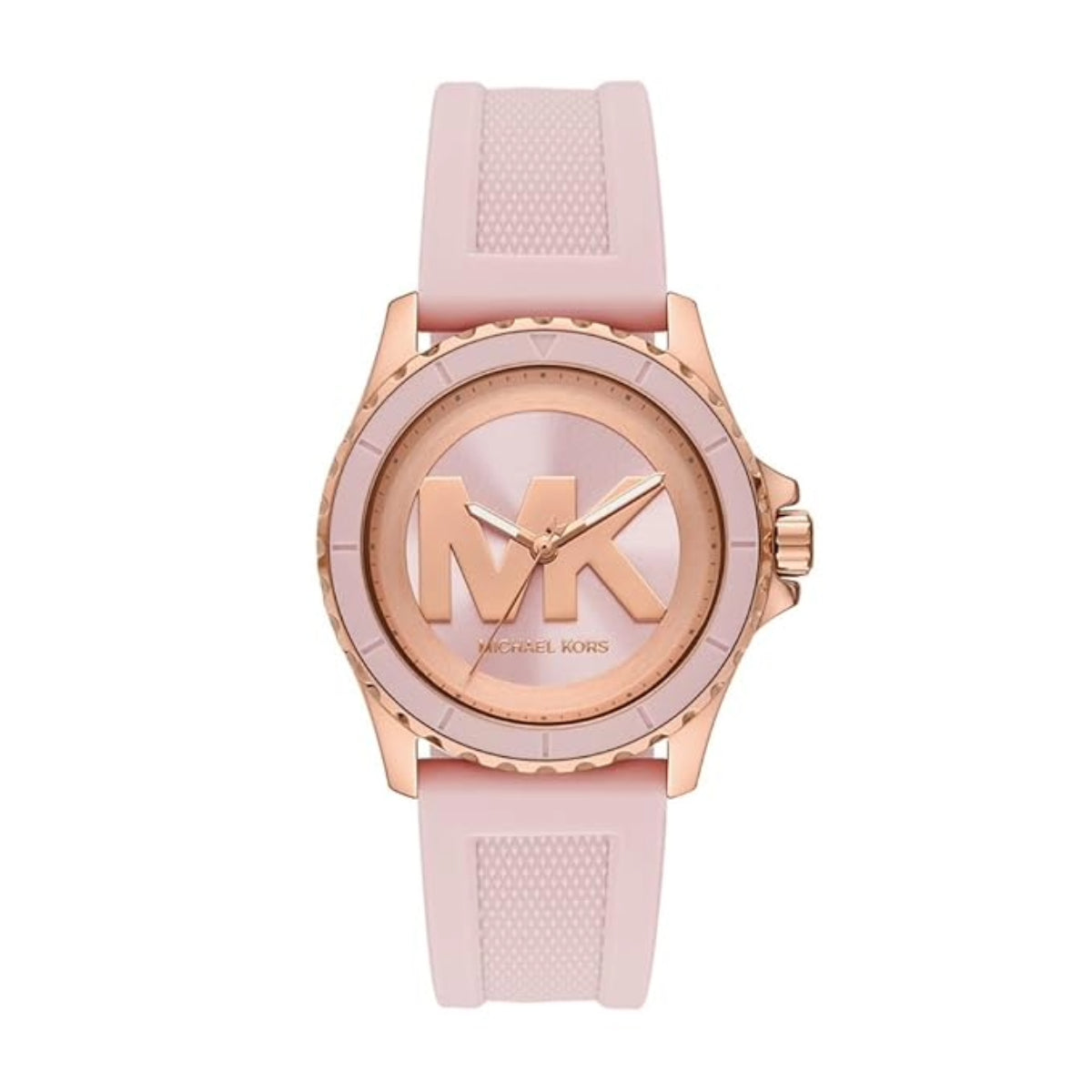 Pink watch with rose gold case and 'MK' logo on a white background