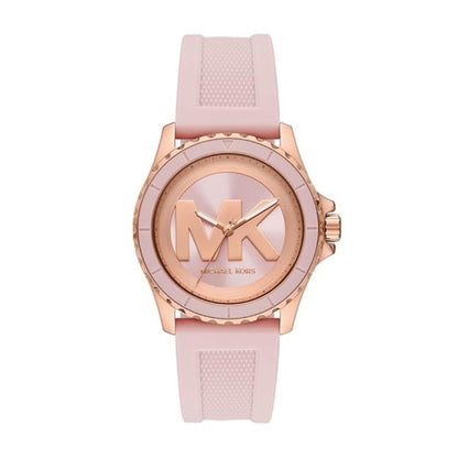 Pink watch with rose gold case and 'MK' logo on a white background