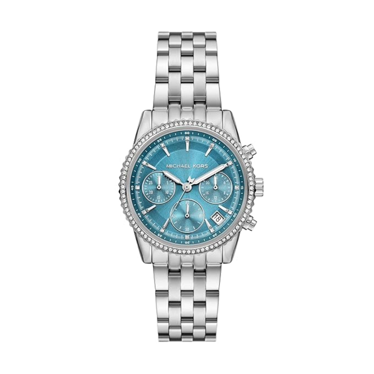 Silver watch with a blue face on a white background