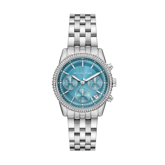 Silver watch with a blue face on a white background