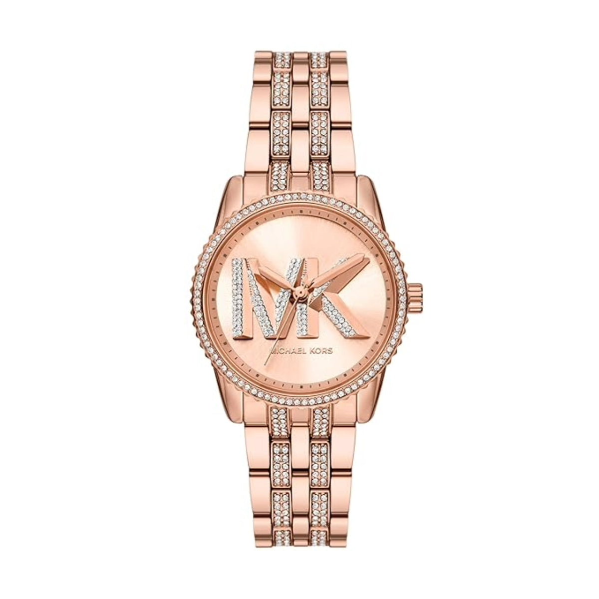 Rose gold watch with MK logo on a white background