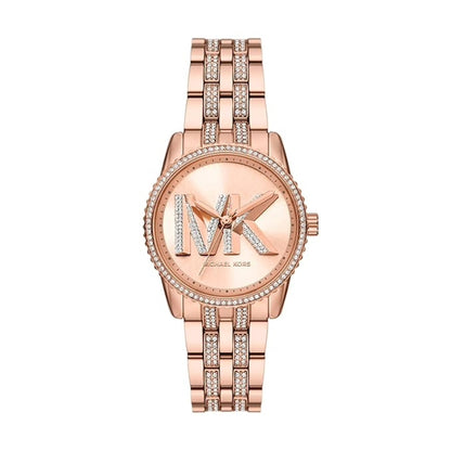 Rose gold watch with MK logo on a white background