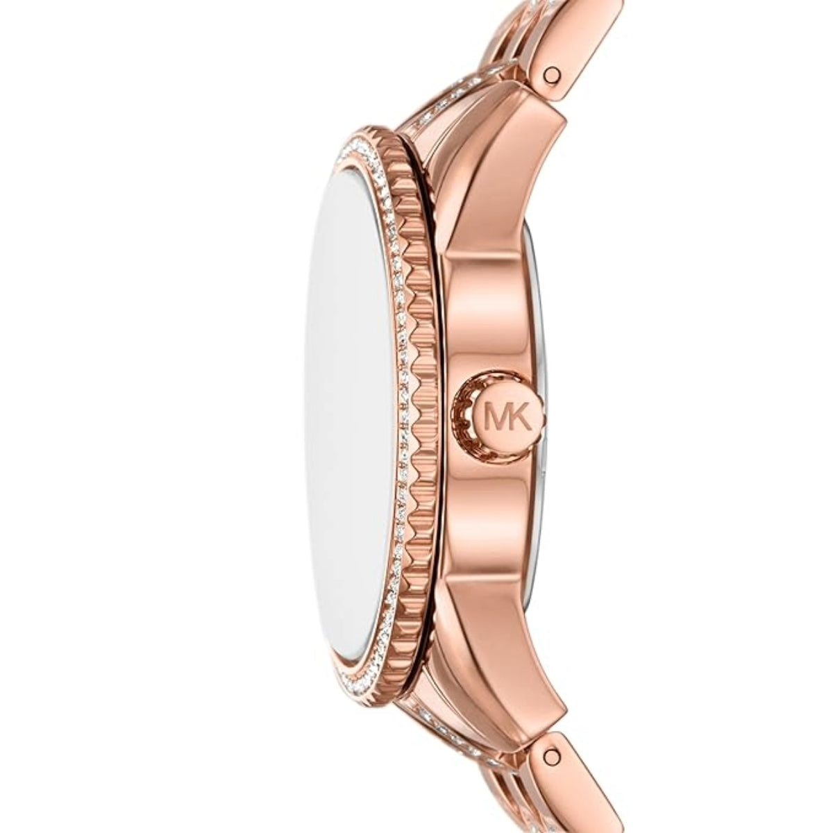 Rose gold watch with brand logo on a white background