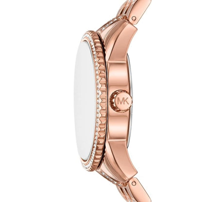 Rose gold watch with brand logo on a white background