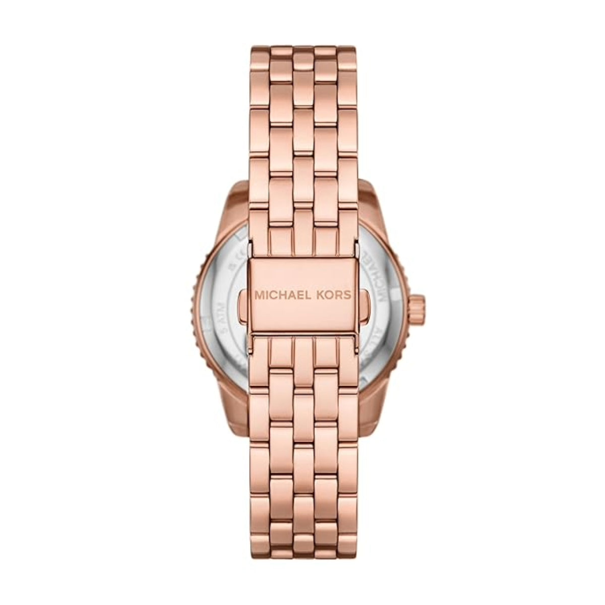 Rose gold watch with 'Michael Kors' branding on a white background