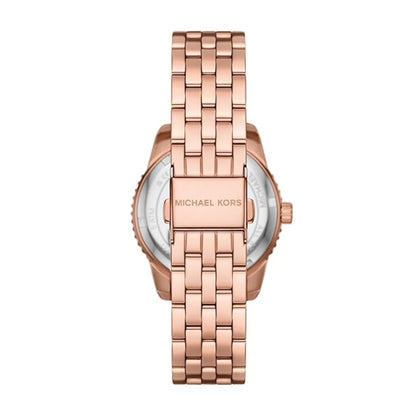 Rose gold watch with 'Michael Kors' branding on a white background