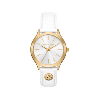 Gold watch with white face and strap on a light gray background
