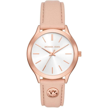 Pink watch with rose gold accents on a white background