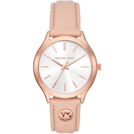 Pink watch with rose gold accents on a white background
