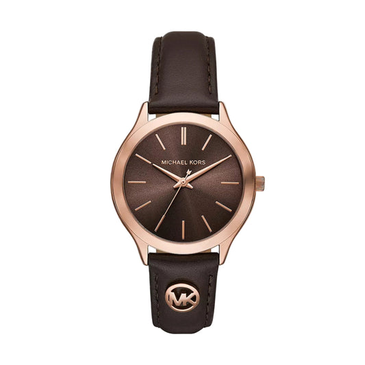 Michael Kors watch with brown leather strap and rose gold case on white background
