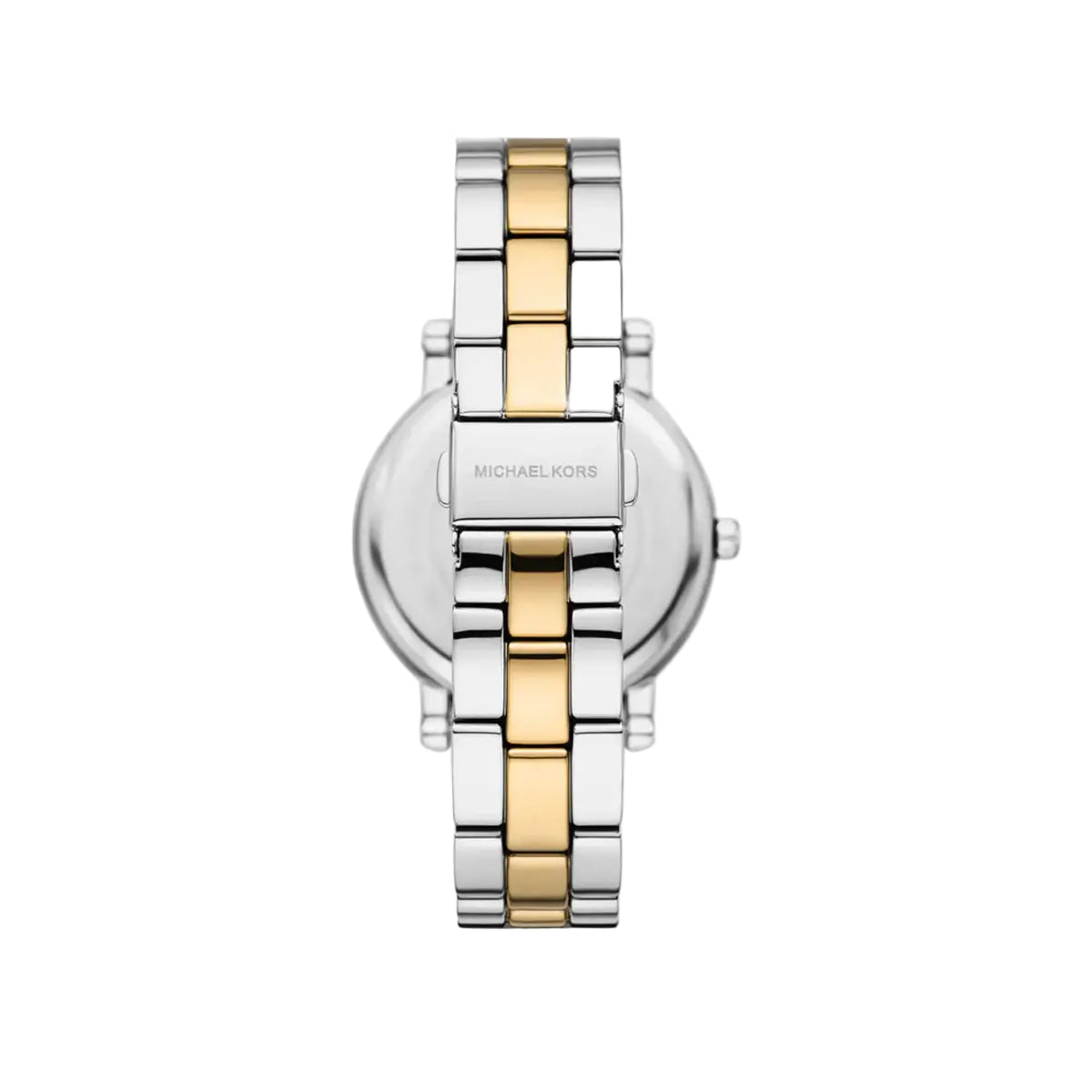 Two-tone watch with silver and gold band on a white background