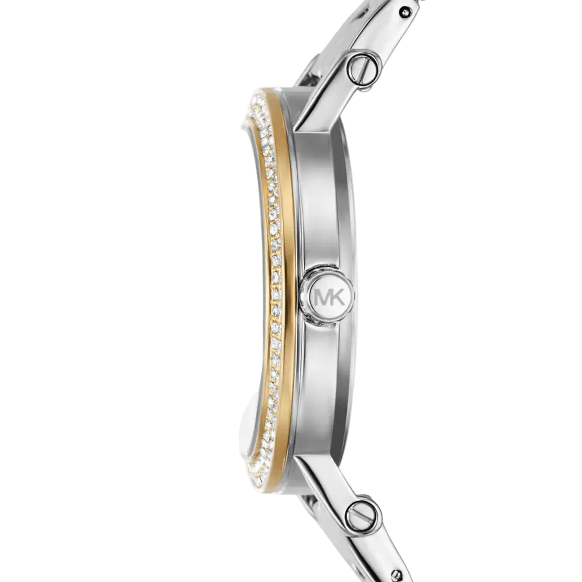 Close-up of a Michael Kors watch with silver and gold band on a white background