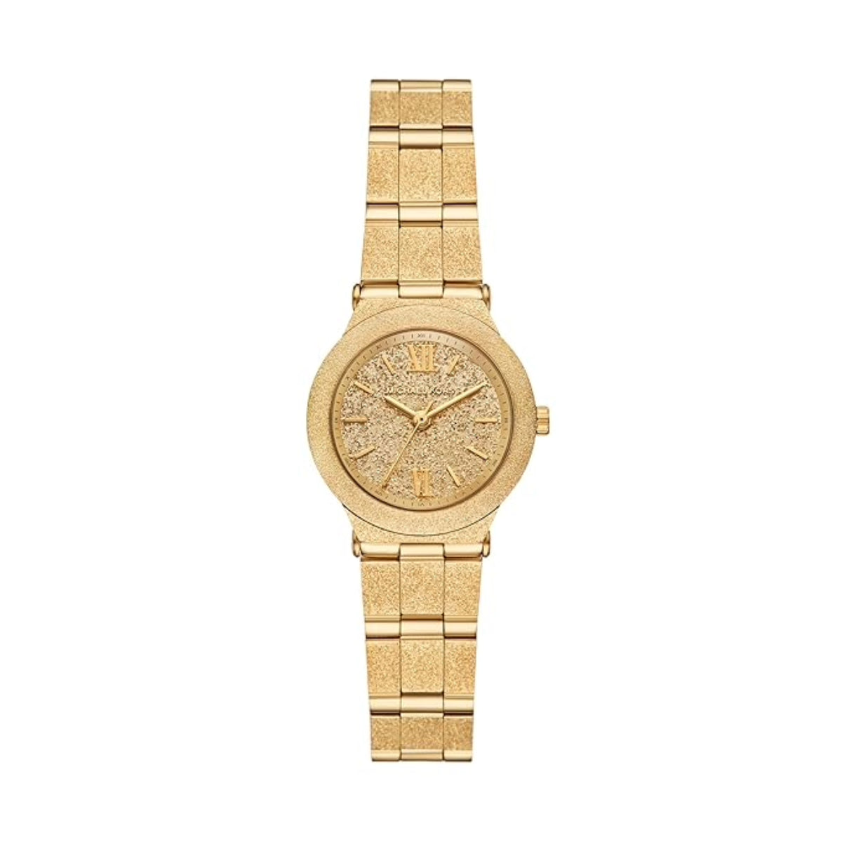 Gold watch with a textured face on a white background