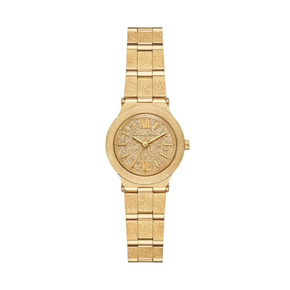Gold watch with a textured face on a white background