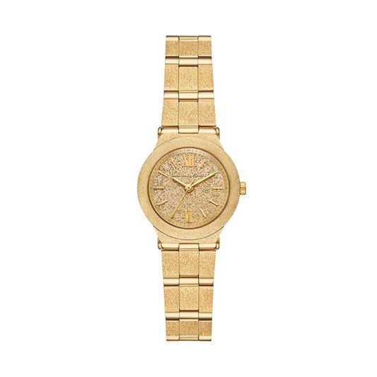 Gold watch with a textured face on a white background