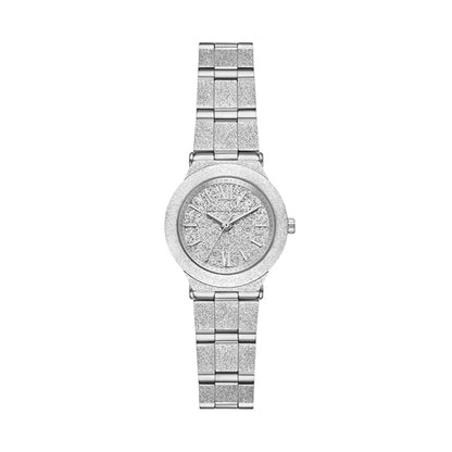 Silver watch with glittery face and band on a white background