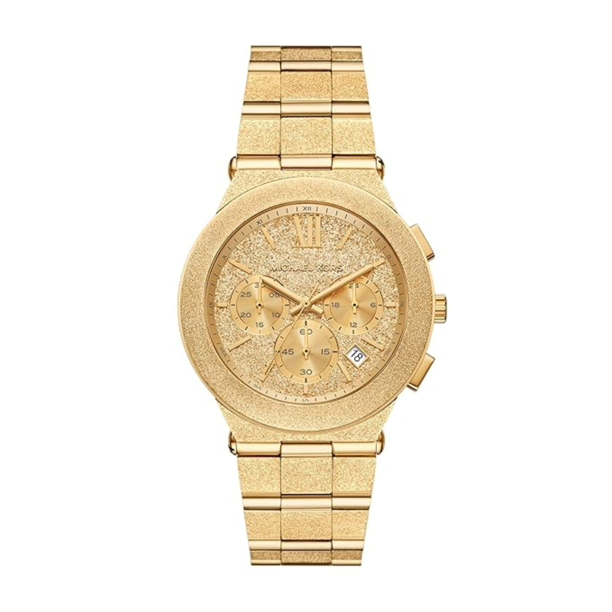 Gold watch with a detailed face on a white background