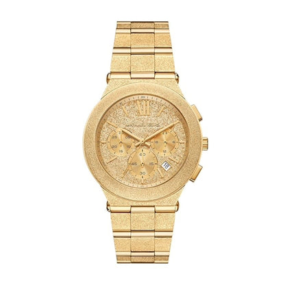 Gold watch with a detailed face on a white background