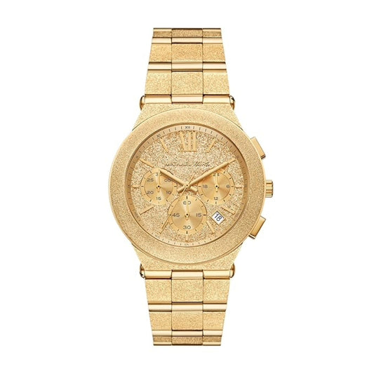 Gold watch with a detailed face on a white background